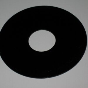A black circular object with a hole in the center on a white background.