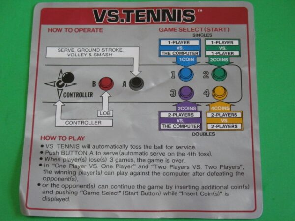 The instructions for the Vs. Tennis game are shown on a piece of paper.