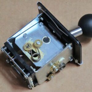 A metal 4 way shifter with a black knob on it, Happ Controls.