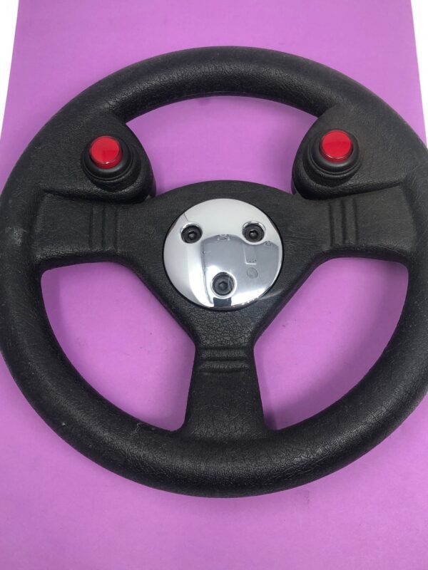 A black steering wheel, 2 button with phone jack port hub.