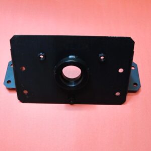 A black metal Brake Base plate with holes on it.