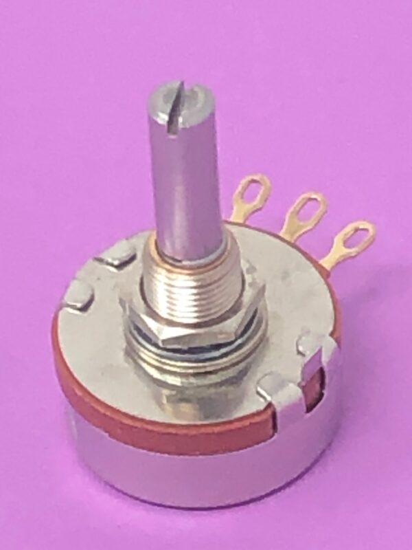 A 5k Ohm Pot slotted shaft part on a purple background.