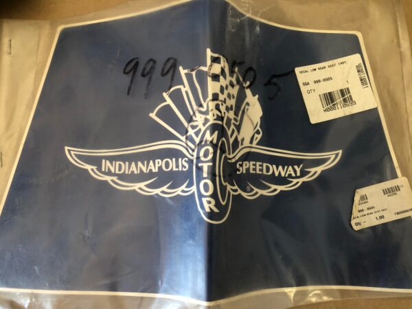 The Indianapolis Speedway decal is on a piece of paper.