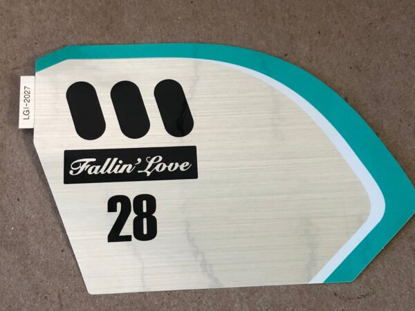 A decal with the word falling love 28 on it.