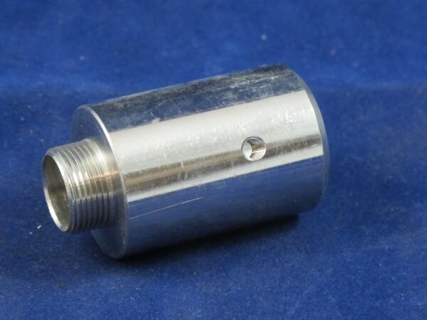 A stainless steel Tube Socket fitting on a blue background.