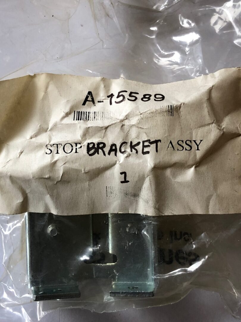 A pair of A-15589 stop brackets in a package.