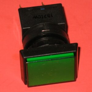 A black and GREEN square button with light switch on a red background.