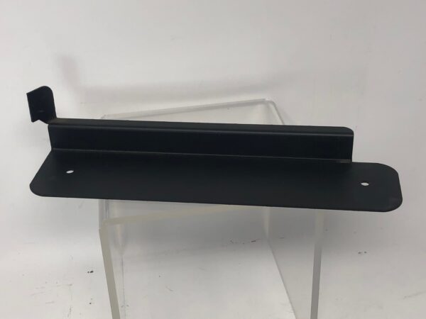 A black plastic Bracket, Control Panel & Cabinet, Left on a clear stand.