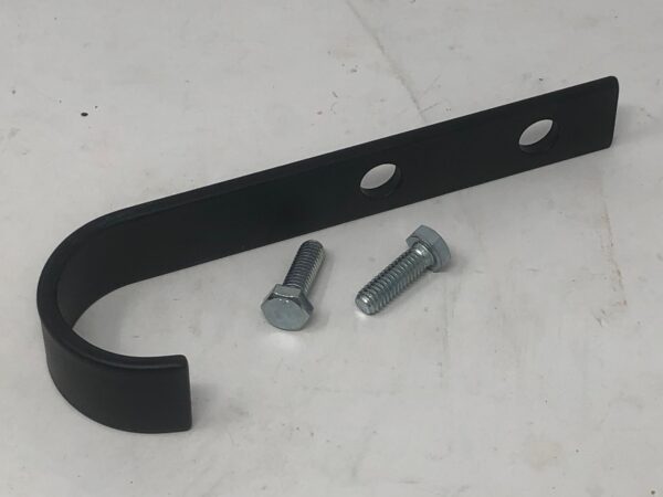 A black metal Bracket, Caster Hook with a screw and bolt.