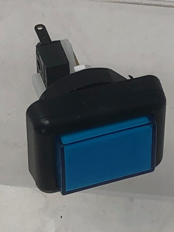 A Blue Rectangle Push Button, Nascar with a black cover.