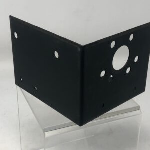 A black metal Bracket with holes on it.