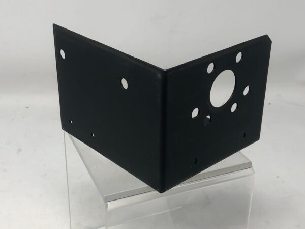 A black metal Bracket with holes on it.