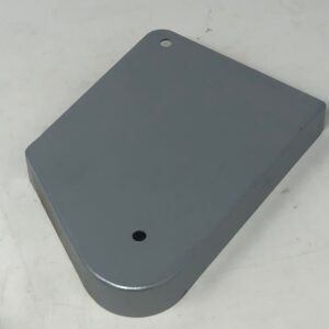 A gray metal Bracket on a white surface.
