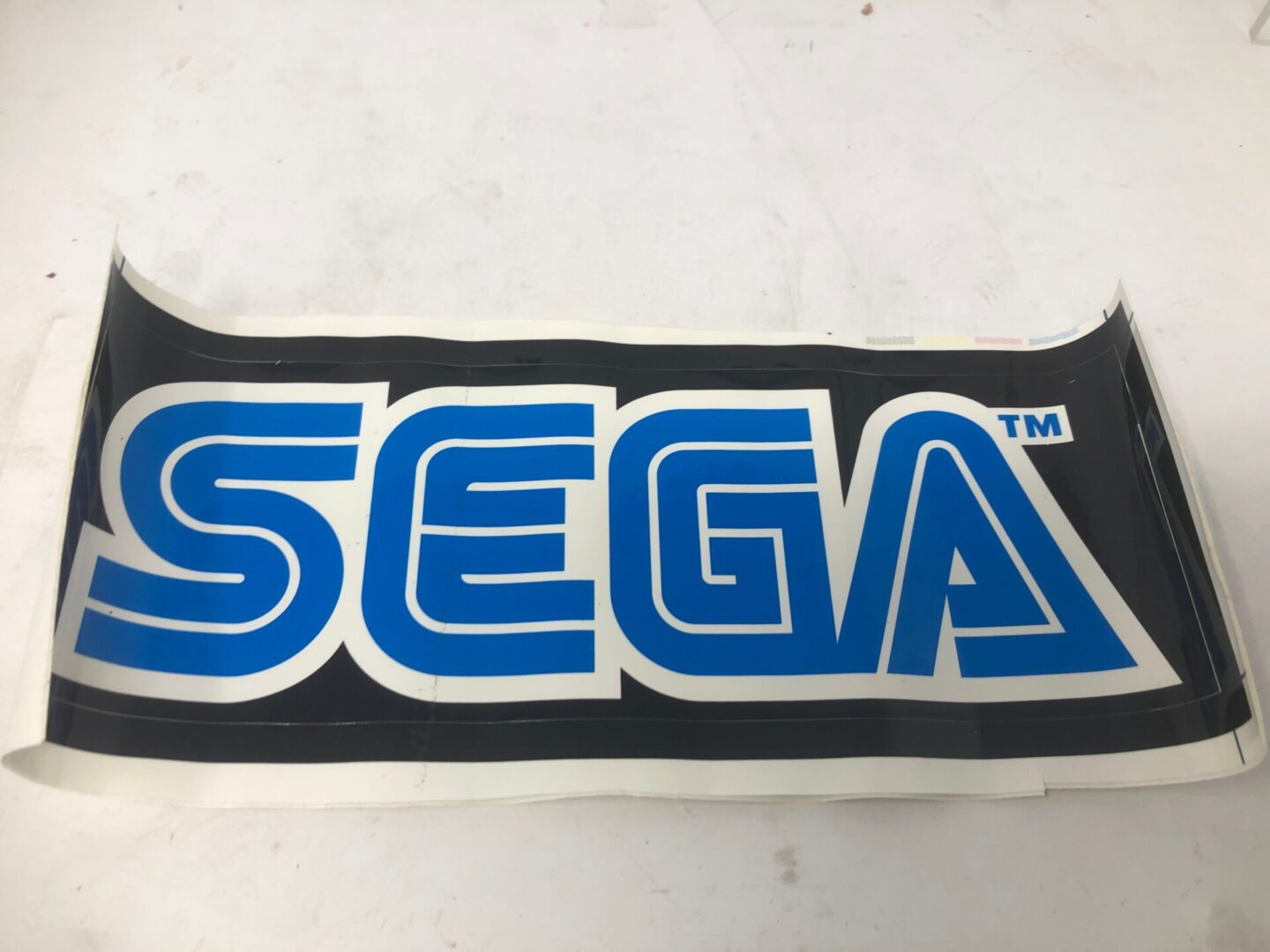 A Sega Logo Decal on a white surface.