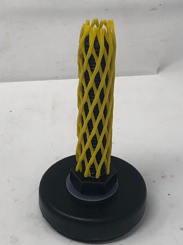 A yellow and black Leg Adjuster - GP Rider holder on a black base.