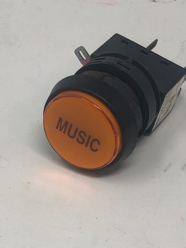 A Button, Round Orange, MUSIC with the word music on it.