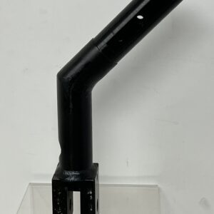 Black angled pipe or tube mounted on a transparent stand.